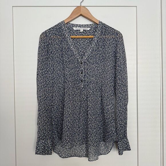 Veronica Beard Blouse Sz 4 Blue White Floral V Neck Long Sleeve Sheer Silk Boho - Picture 1 of 15